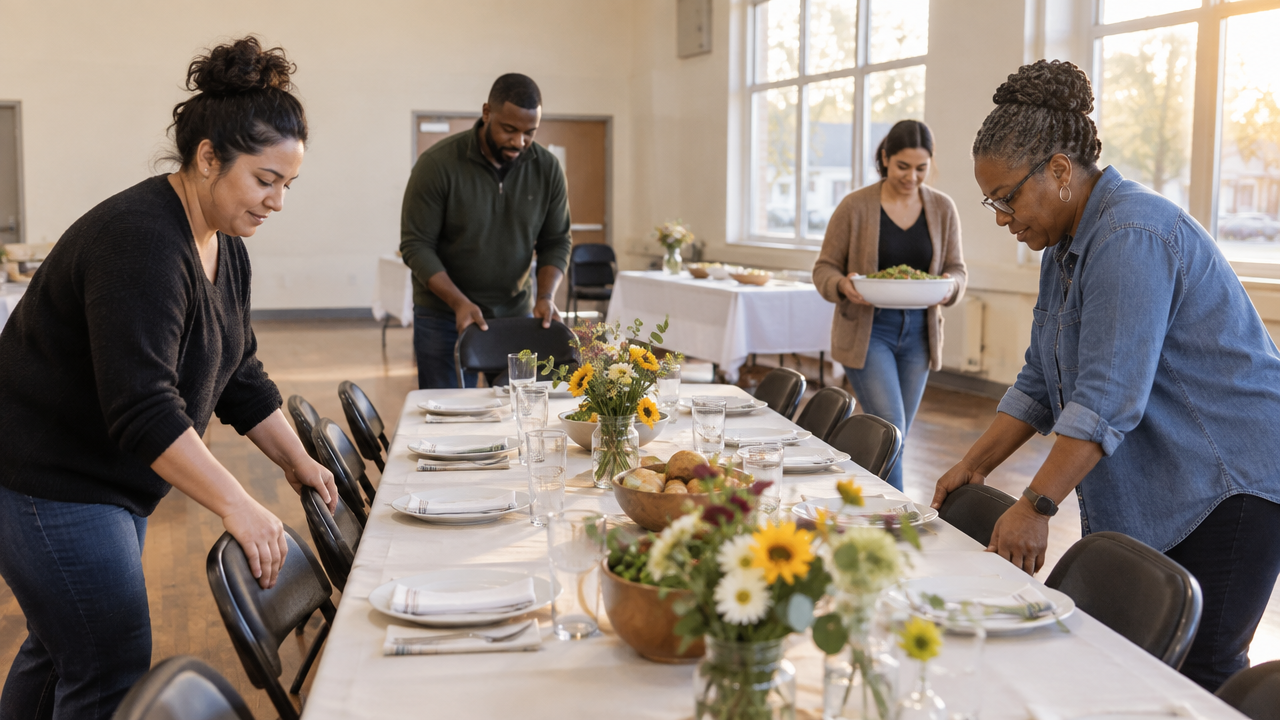 Neighbors preparing a shared community meal around a table